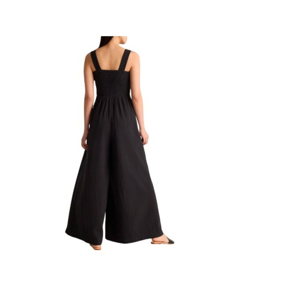 Quince Women's Small 100% Organic Cotton Gauze Smocked Wide Leg Jumpsuit Black - Picture 2 of 16